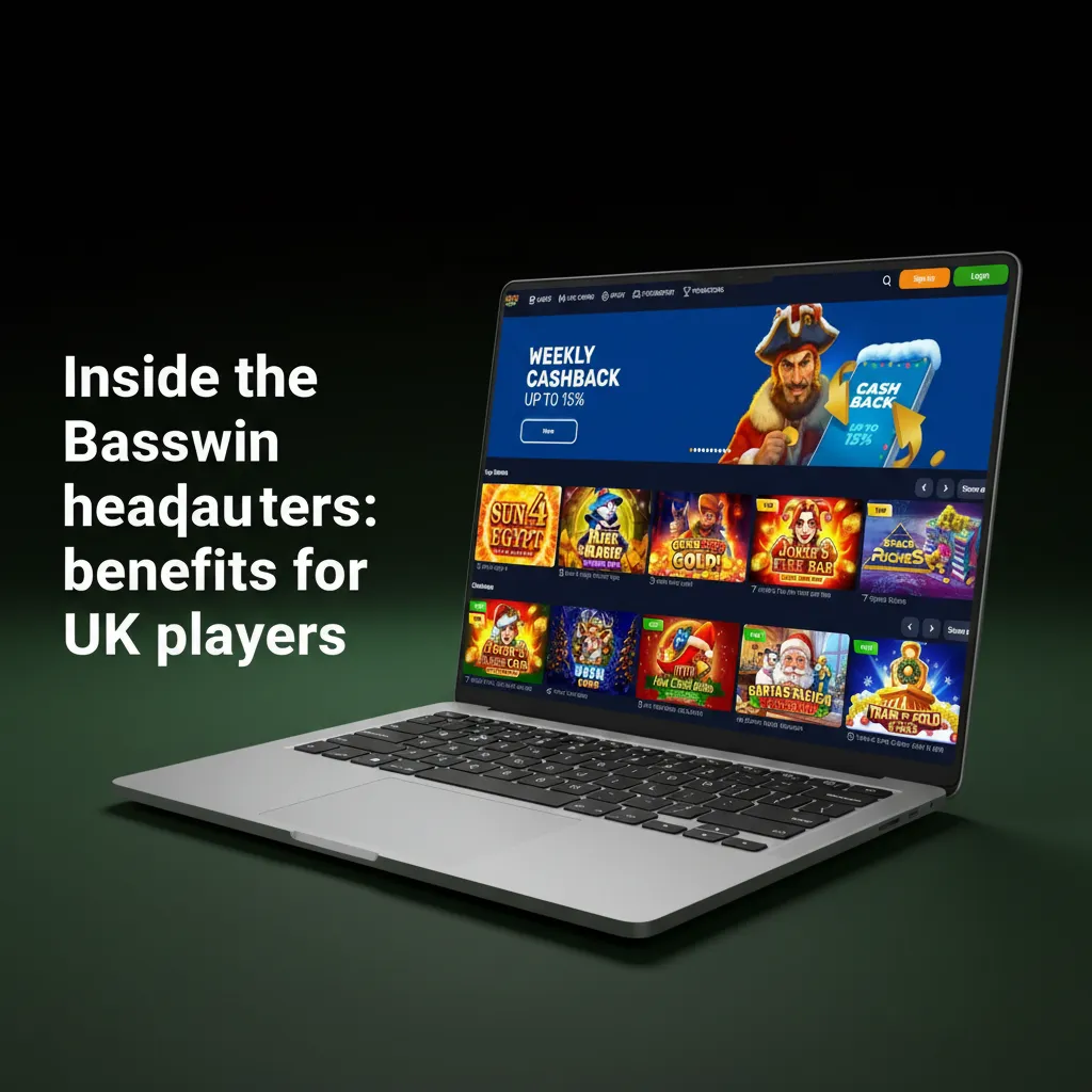 Inside Basswin HQ with screens of live sports odds, mobile app features, security icons, and UK licensing transparency.