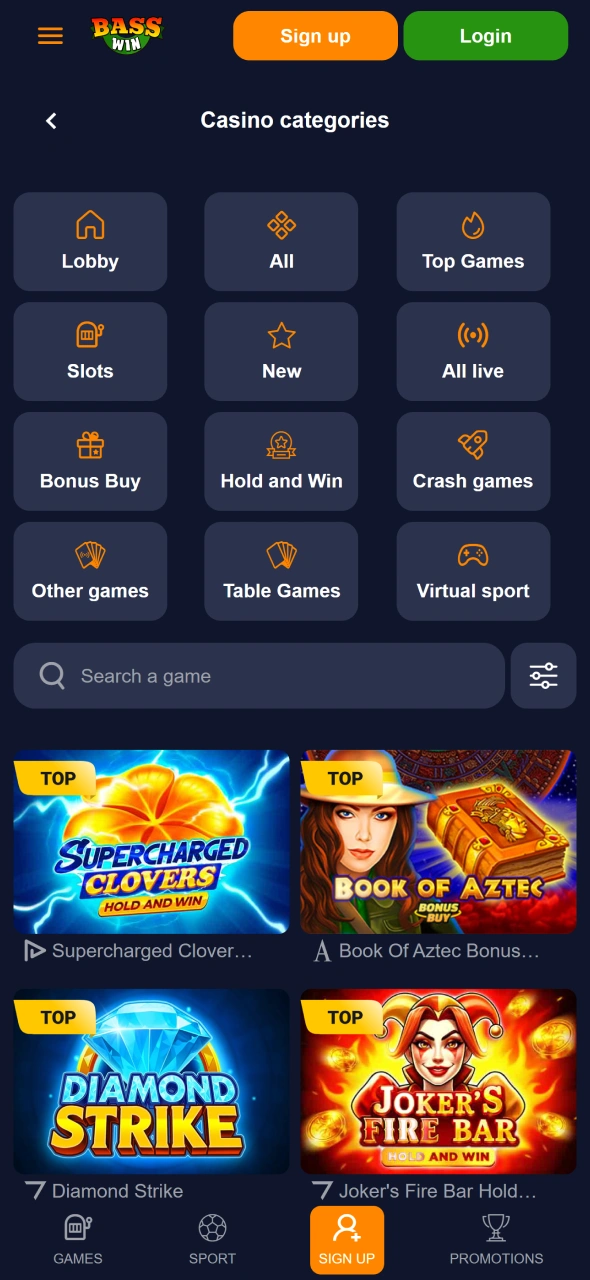 Play your favourite slots with Bass Win casino.