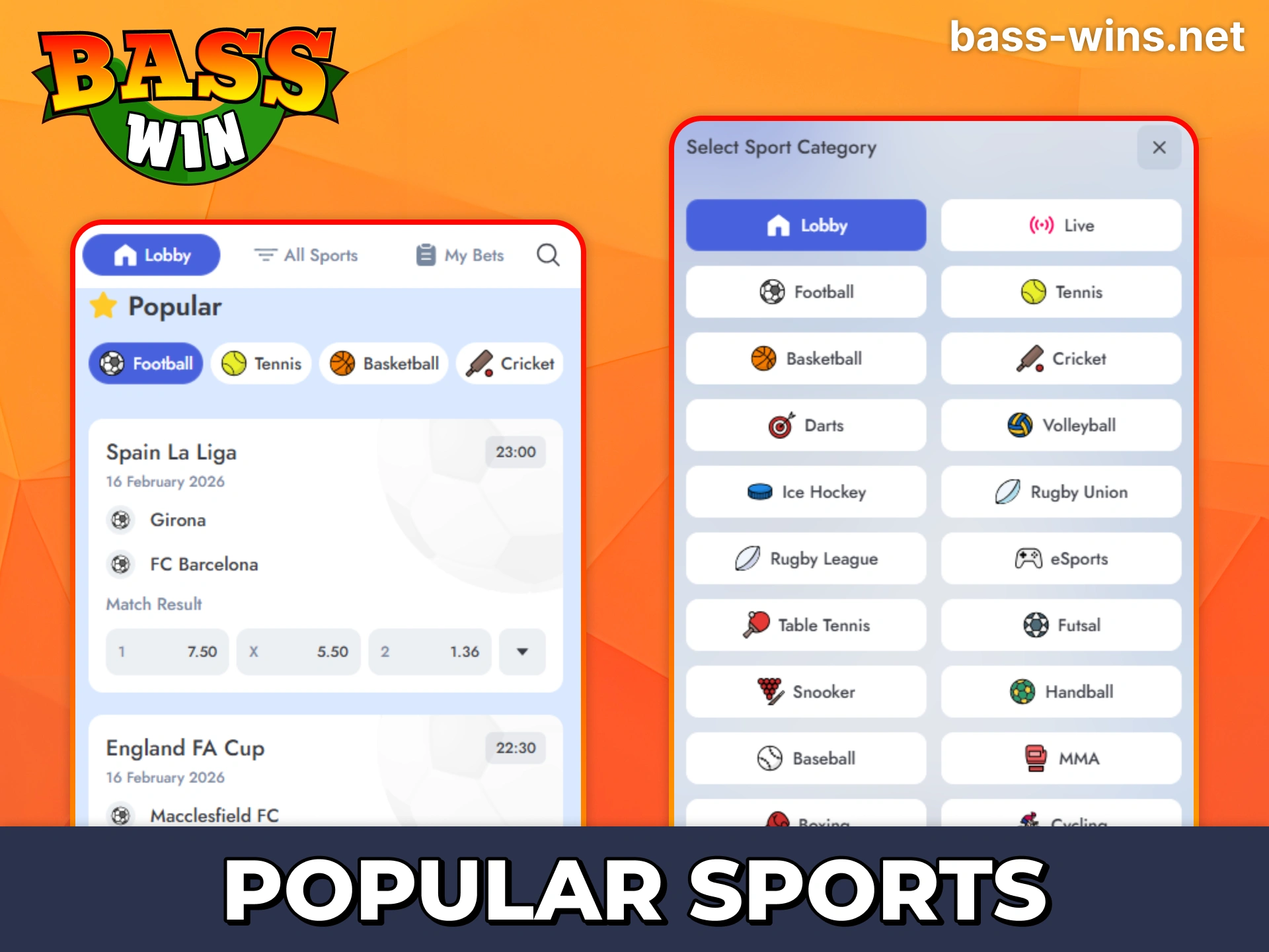 Bet on many different sports events at Bass Win app.