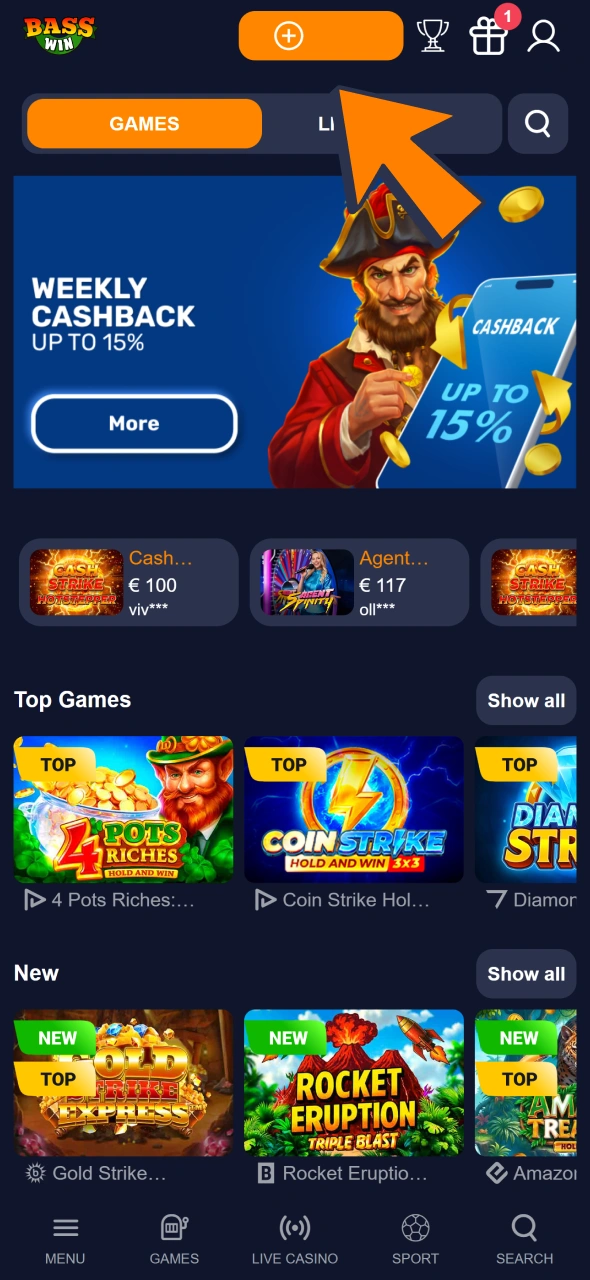 Click on orange button ot the menu to open Bass Win cashier.