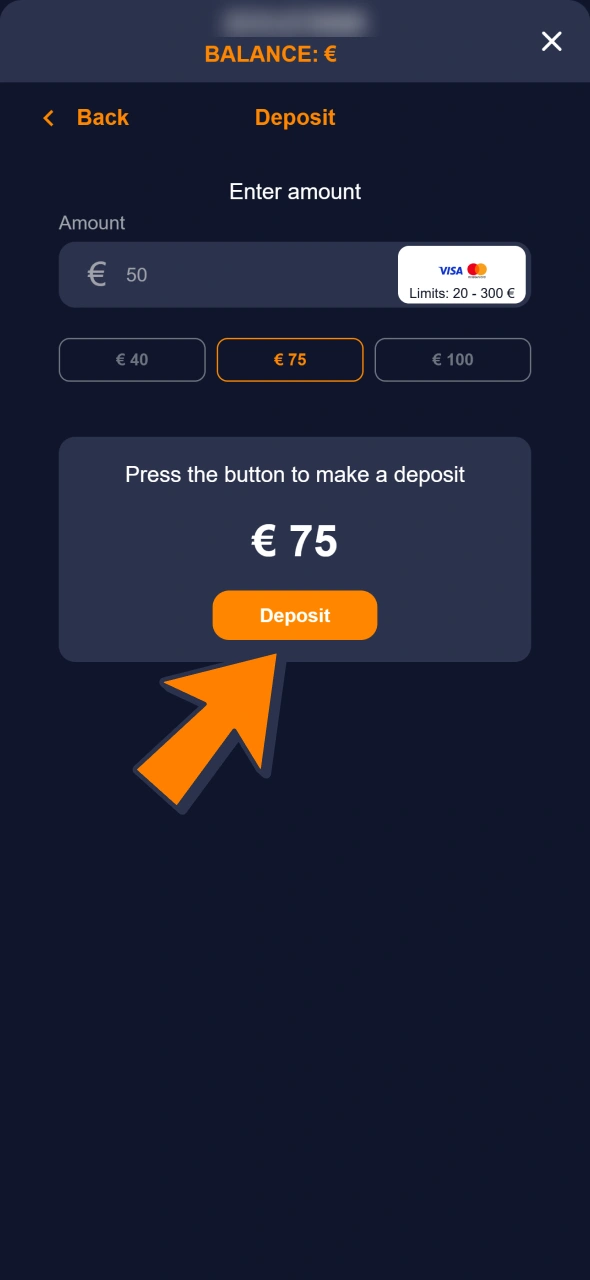 Click deposit button to process payment for your Bass Win account.