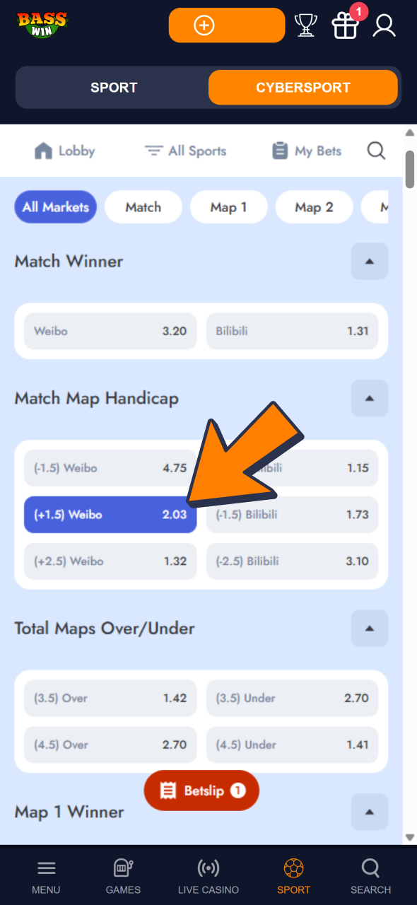Open Bass Win cybersport tab and start betting.