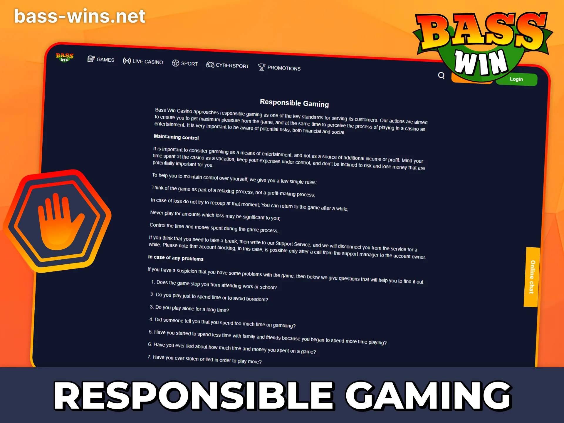Use provided responsible gaming features at Bass Win.