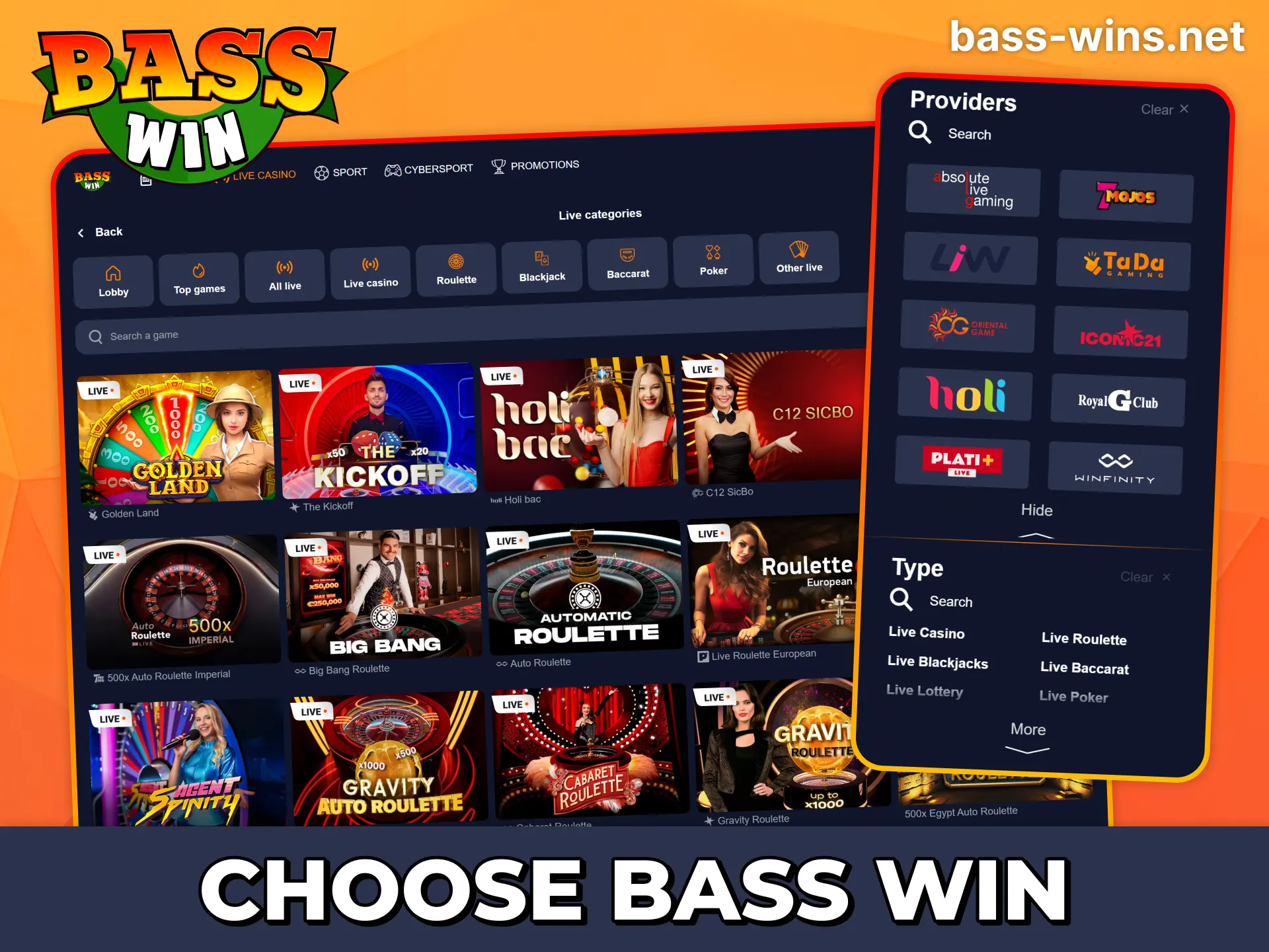Play many different fair live casino games at Bass Win.
