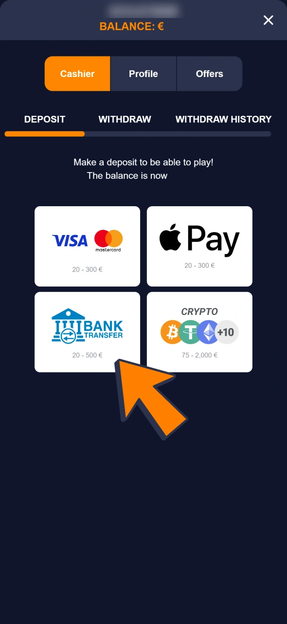 Top up your account for Bass Win live casino games.