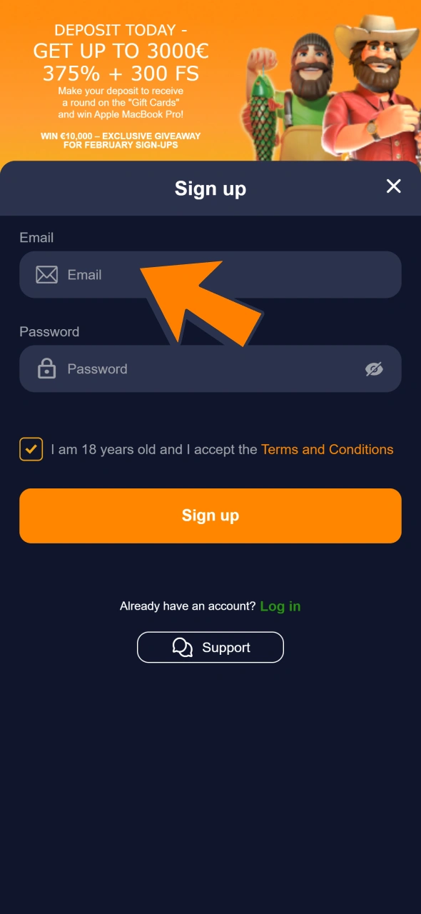 Enter email and password to proceed Bass Win registration.
