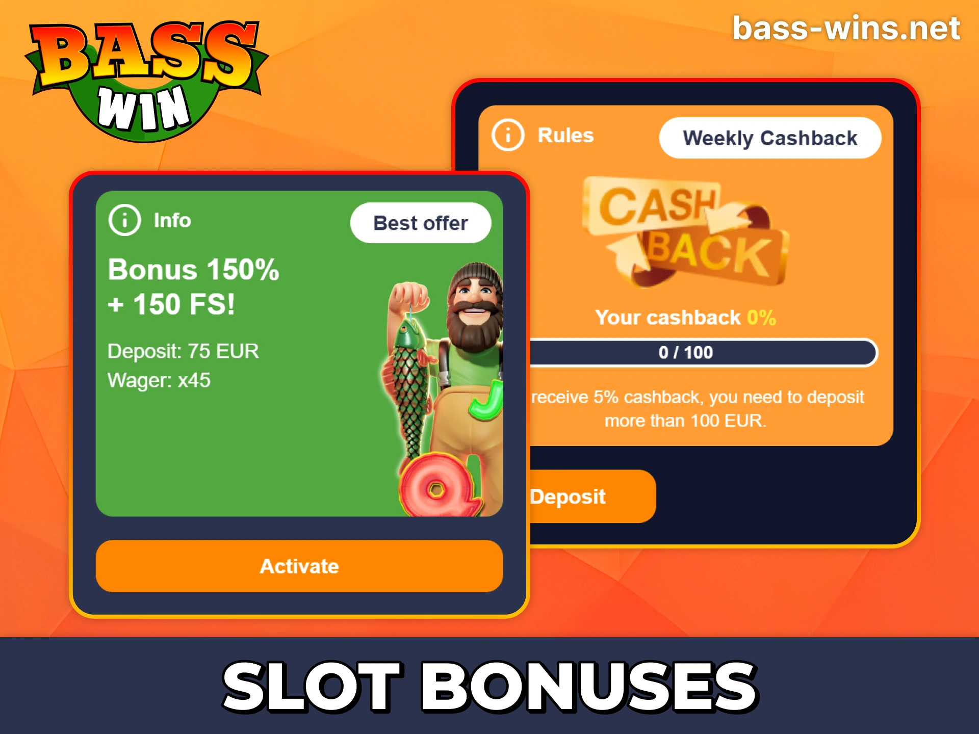 Claim bonuses and weekly cashback for playing slots at Bass Win.