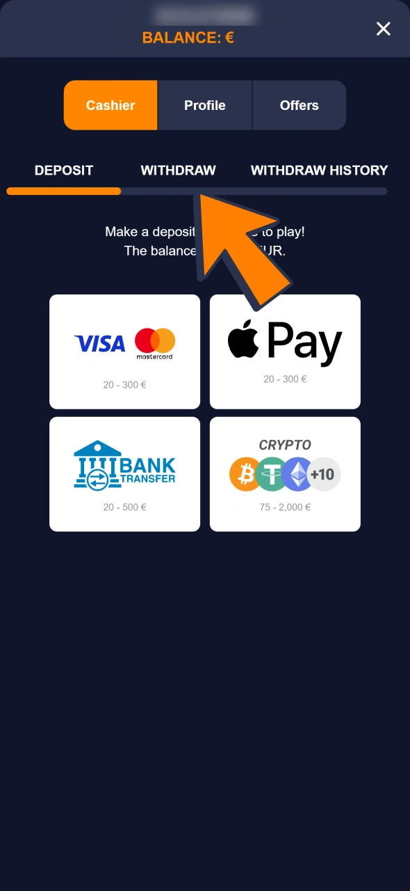 Find withdrawal tab at the Bass Win cashier.