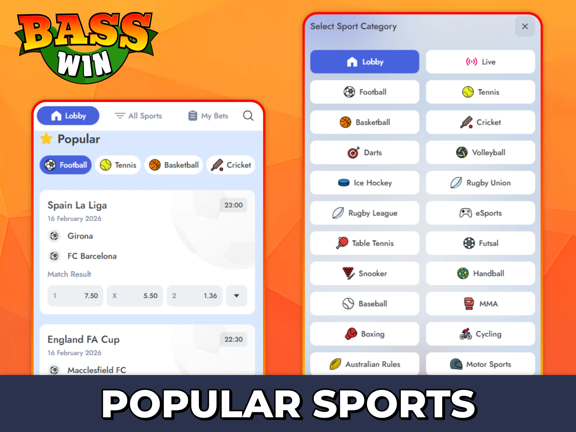 Bet on many different sports events at Bass Win app.