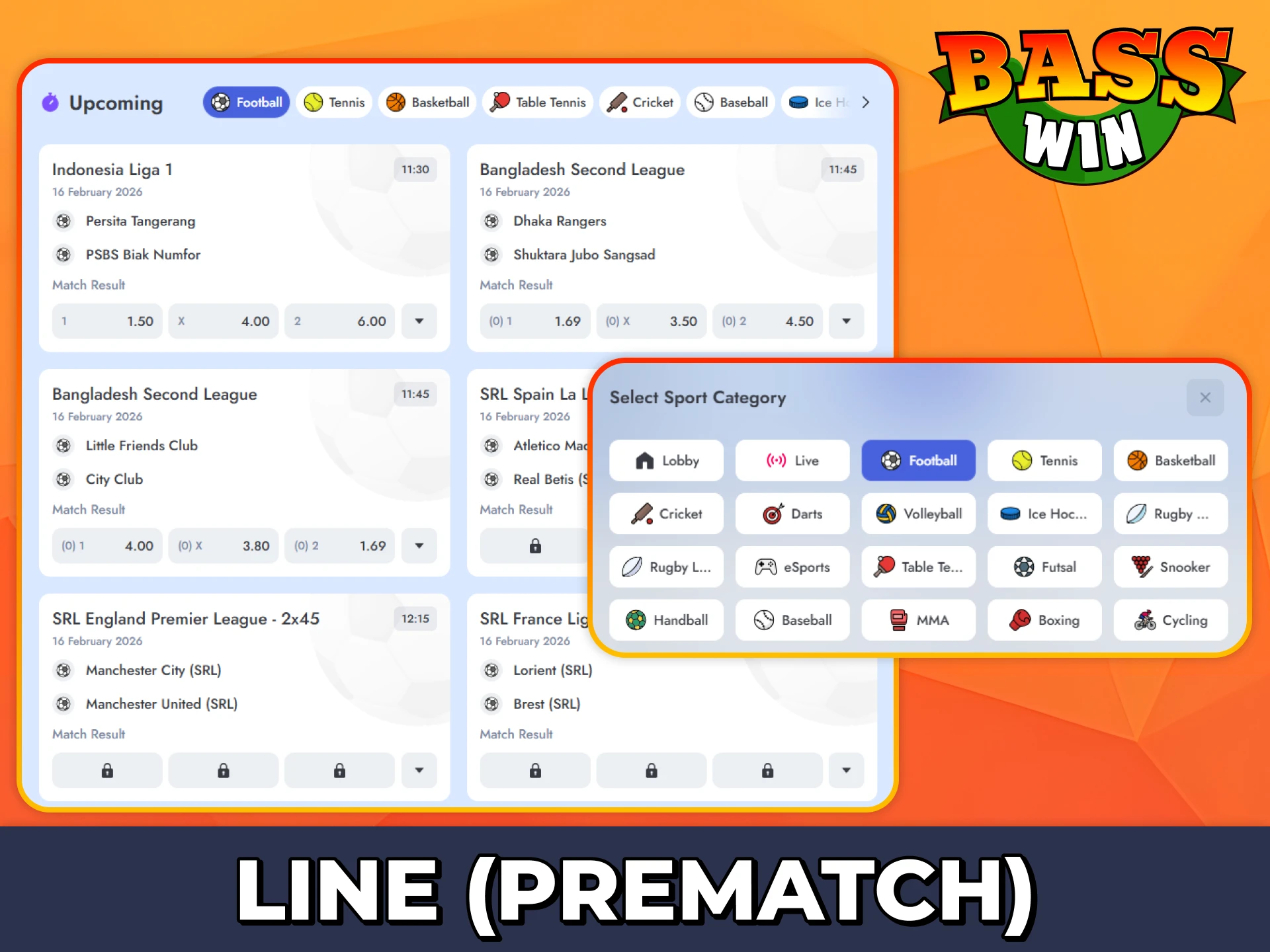 Bet on upcoming sports events at Bass Win.