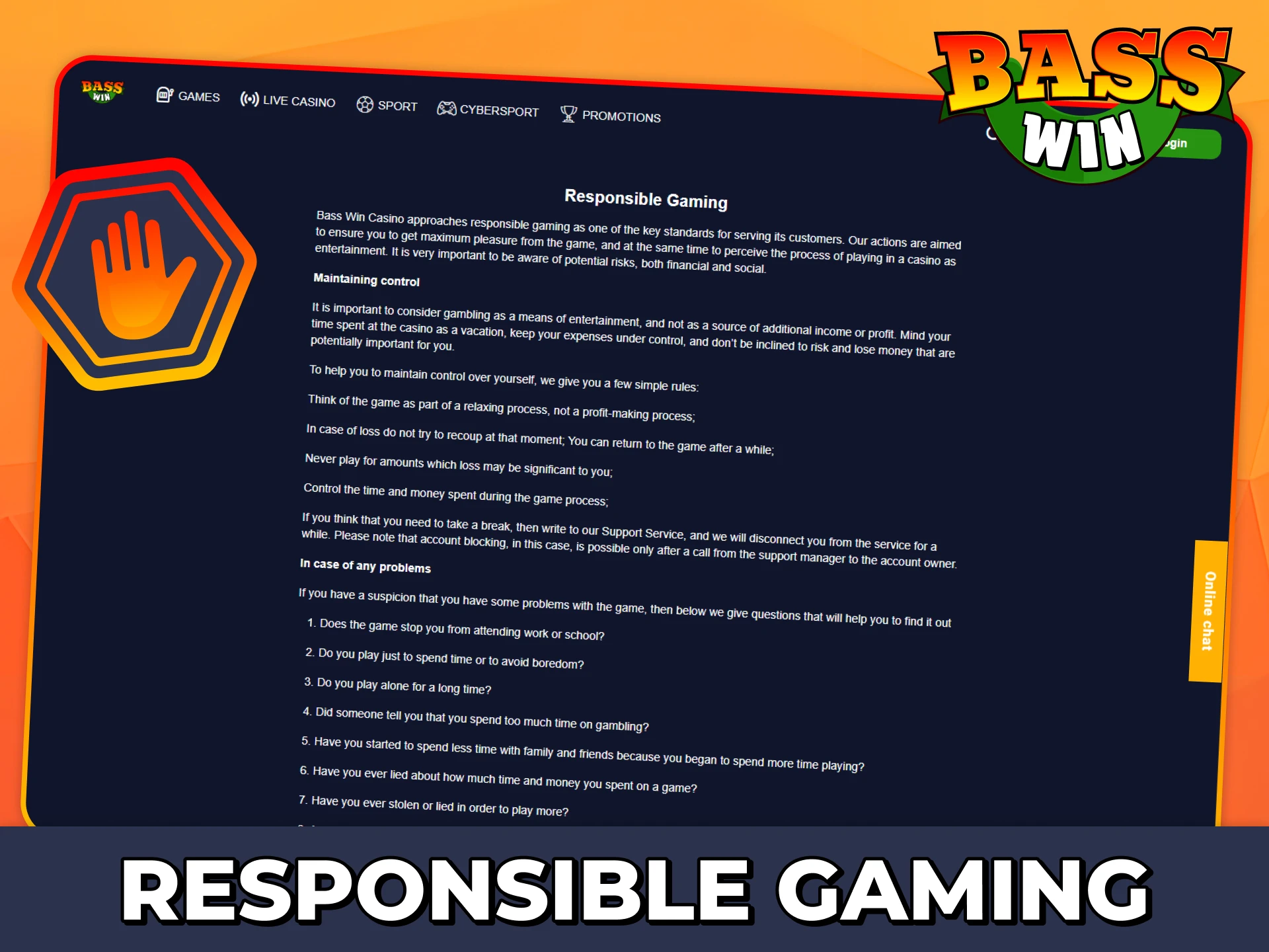 Use provided responsible gaming features at Bass Win.