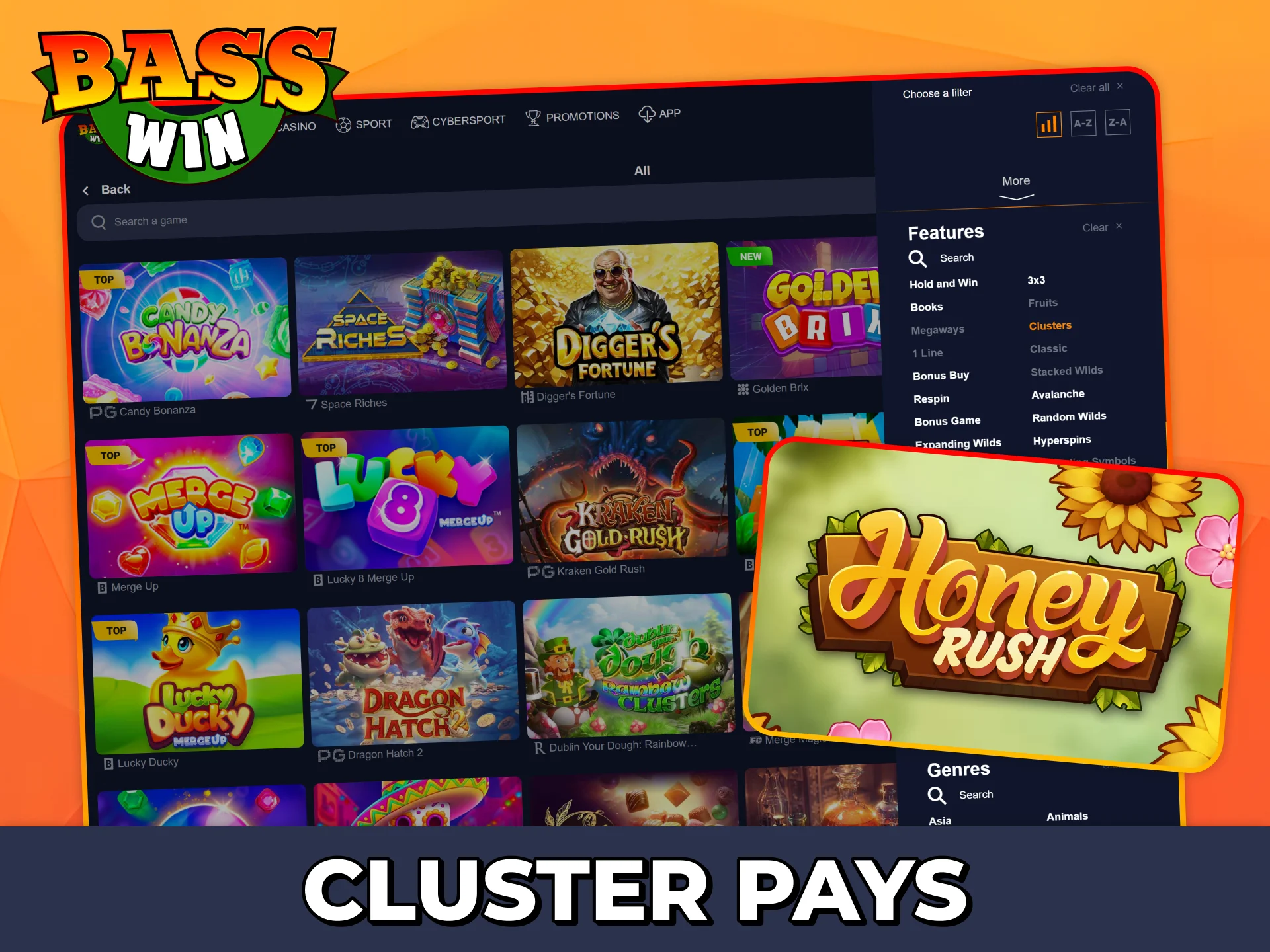 Try different cluster slot games at Bass Win.
